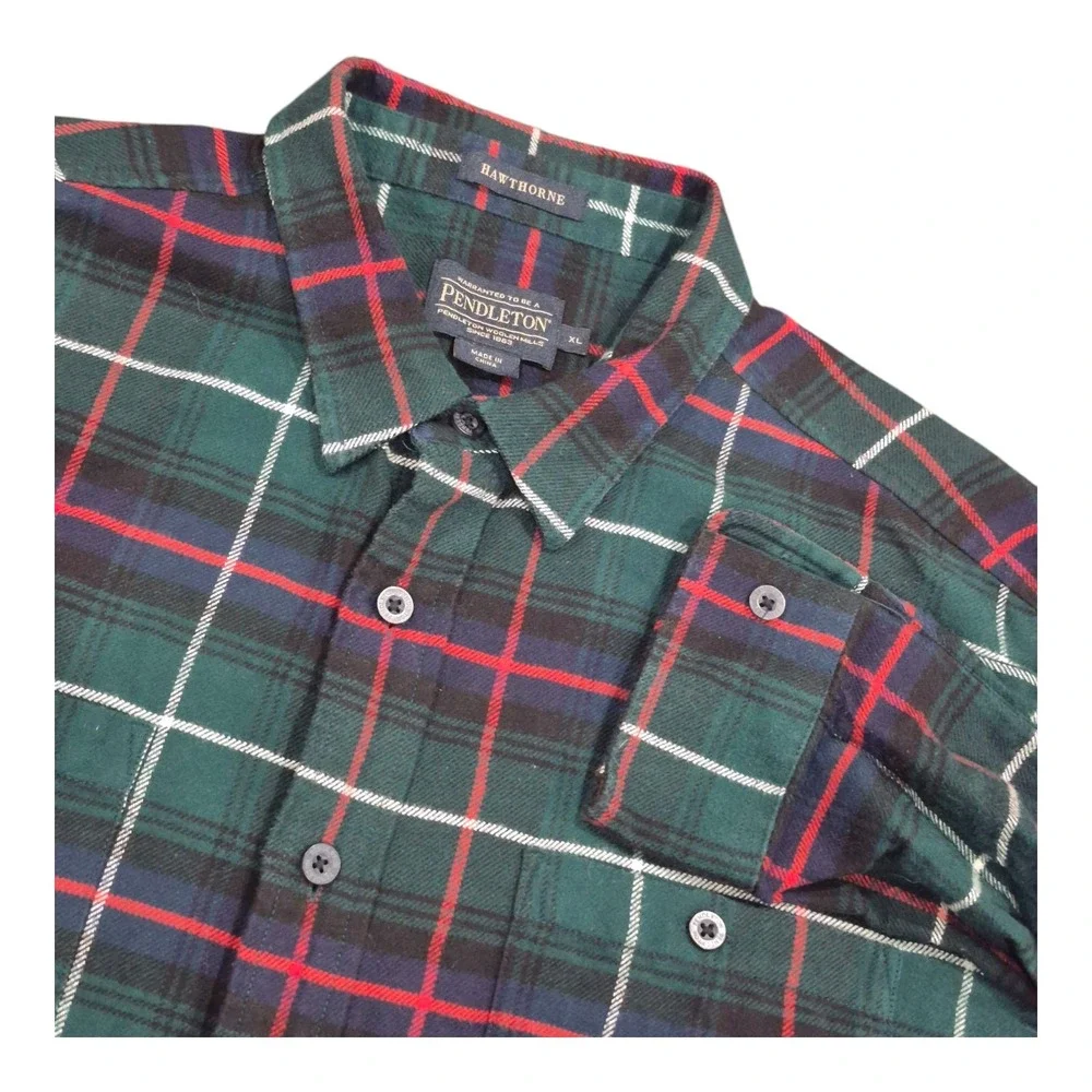 Pendleton Hawthorne Long Sleeve Button Plaid Flannel Shirt Elbow Patch Men's‎ XL